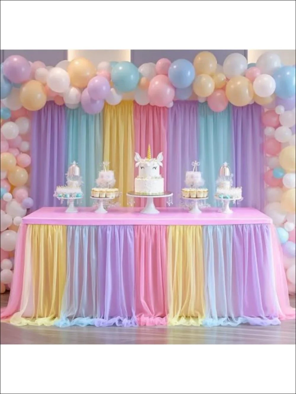 Rainbow Tulle Tablecloth 6ft Rectangle Table Skirt Ruffled Stretch Cover Party